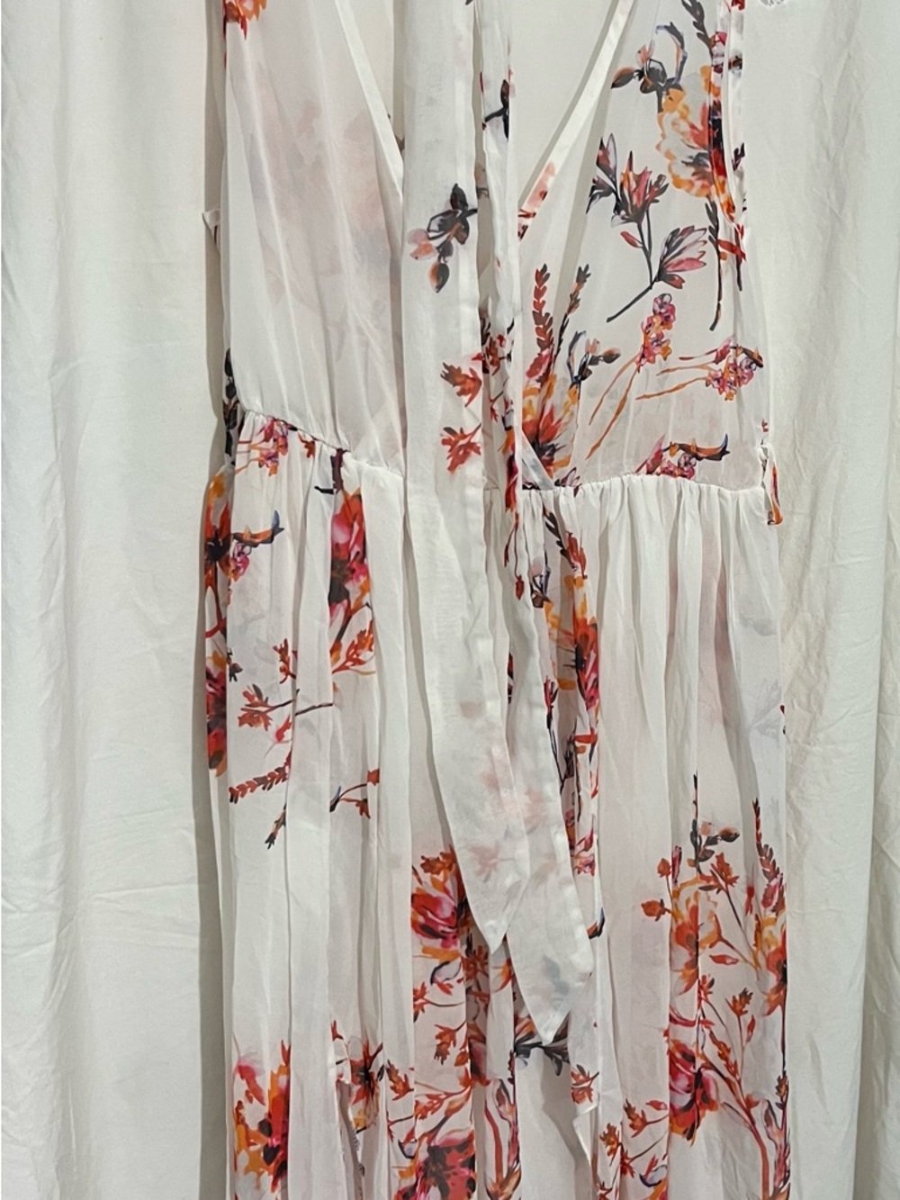White Floral Two Split Maxi Dress with Pink & Orange Blossoms